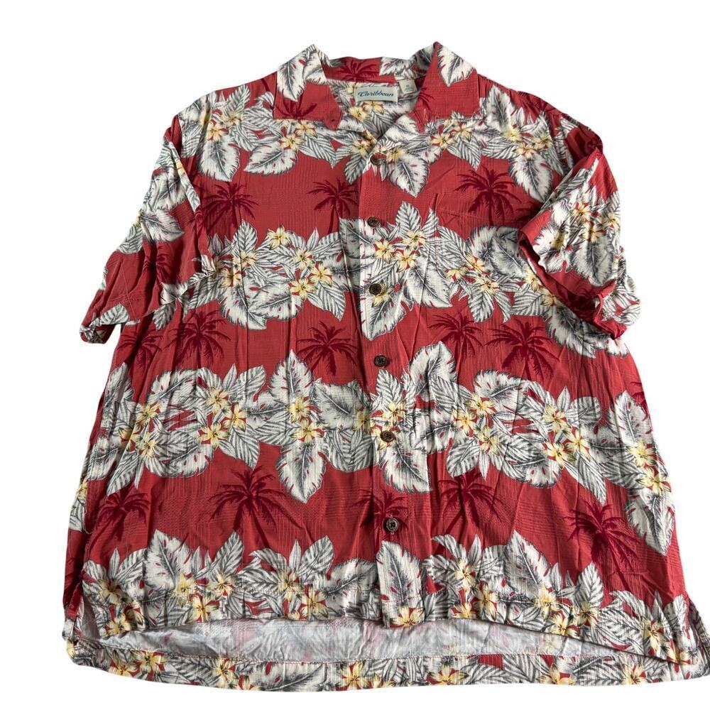 Caribbean Men’s Hawaiian Shirt XL Red Tropical Palm Floral 100% Rayon SS